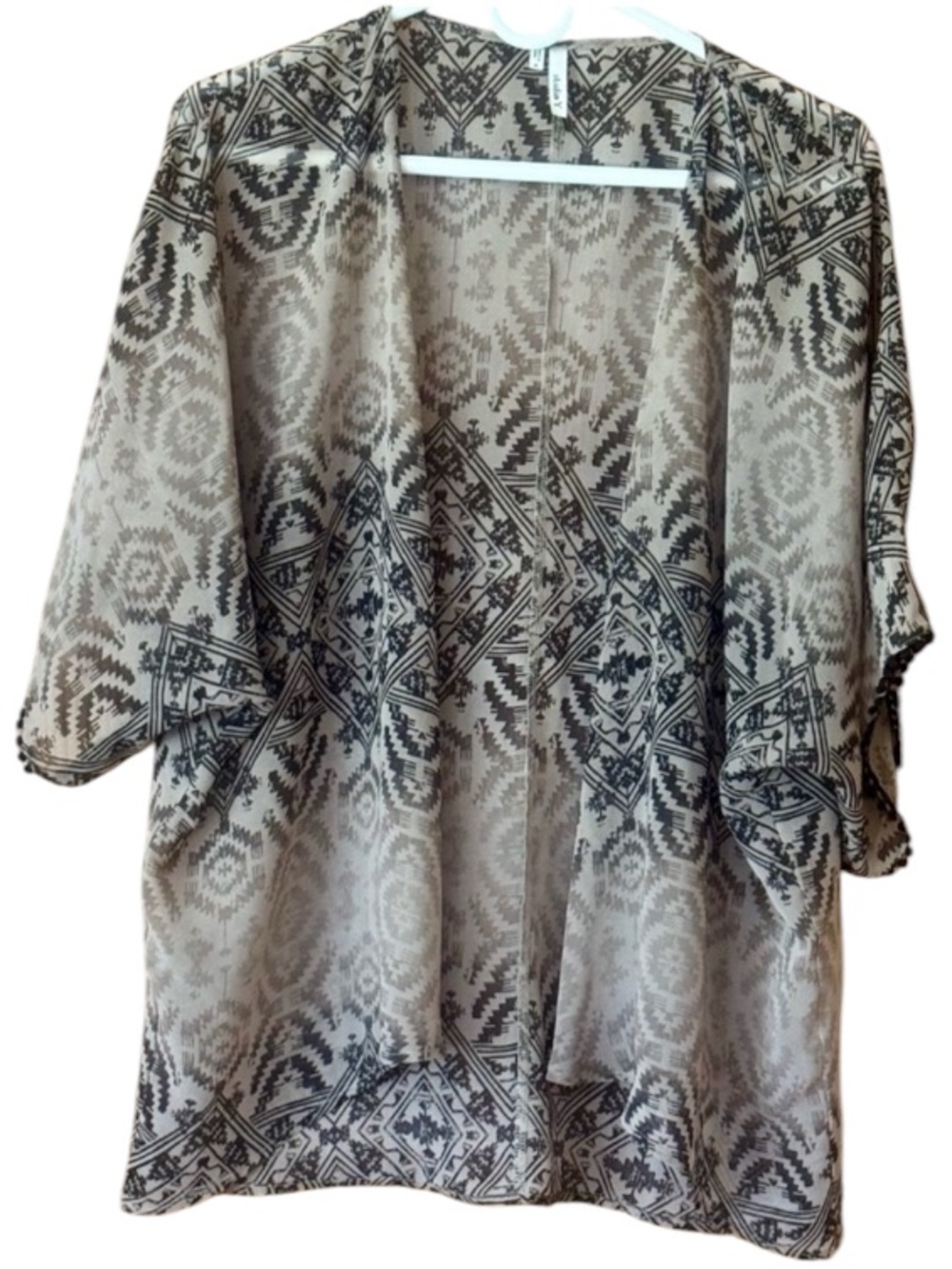 Studio Y Boho Geometric Sheer Kimono Cardigan Pom Pom Trim Small Aztec Festival